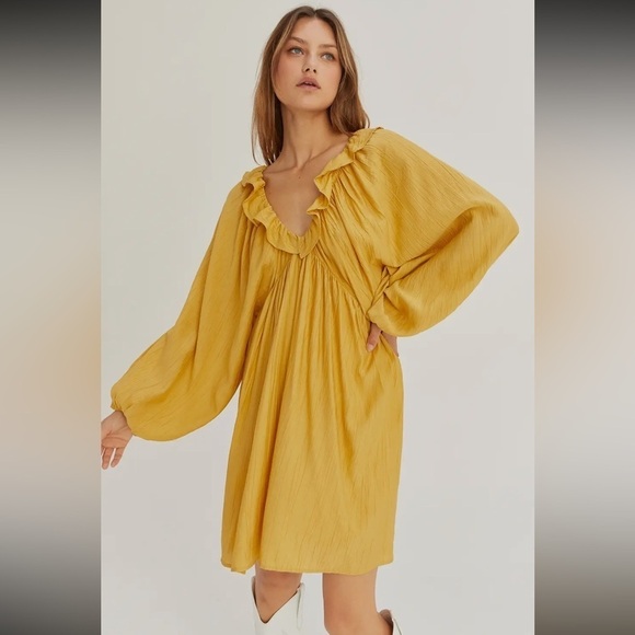 142 - Yellow Ruffled Dolman Sleeve Women's Mini Dress - Picture 2 of 3